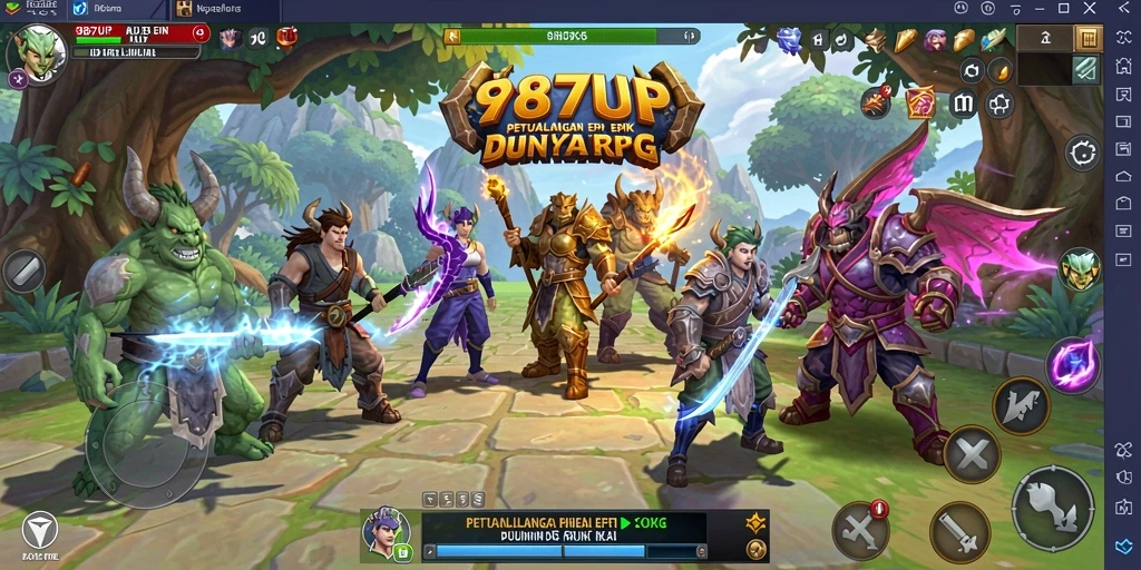 Screenshot gameplay RPG 987UP menampilkan pertarungan epik.