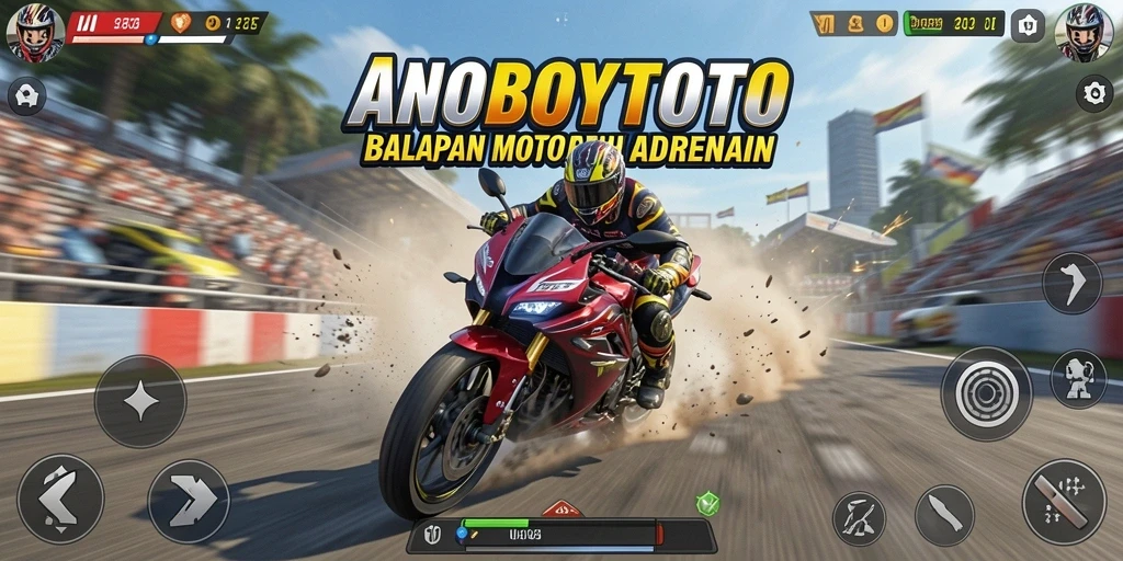 Screenshot gameplay ANOBOYTOTO menampilkan aksi balapan motor yang mendebarkan.