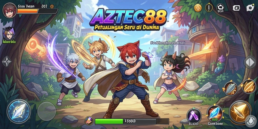 Gameplay petualangan dalam AZTEC88 dengan karakter anime yang hidup.