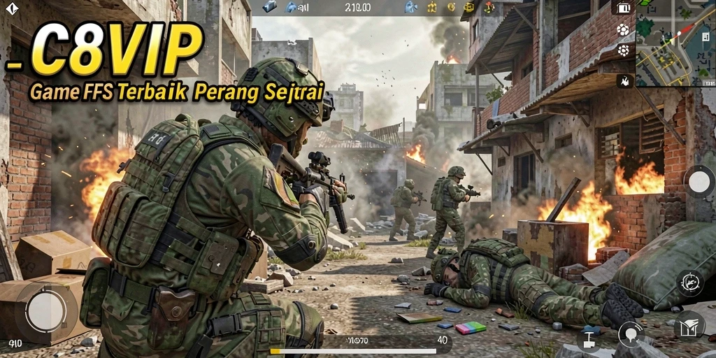 Screenshot utama C8VIP menampilkan aksi tembak-menembak yang mendebarkan di medan perang.