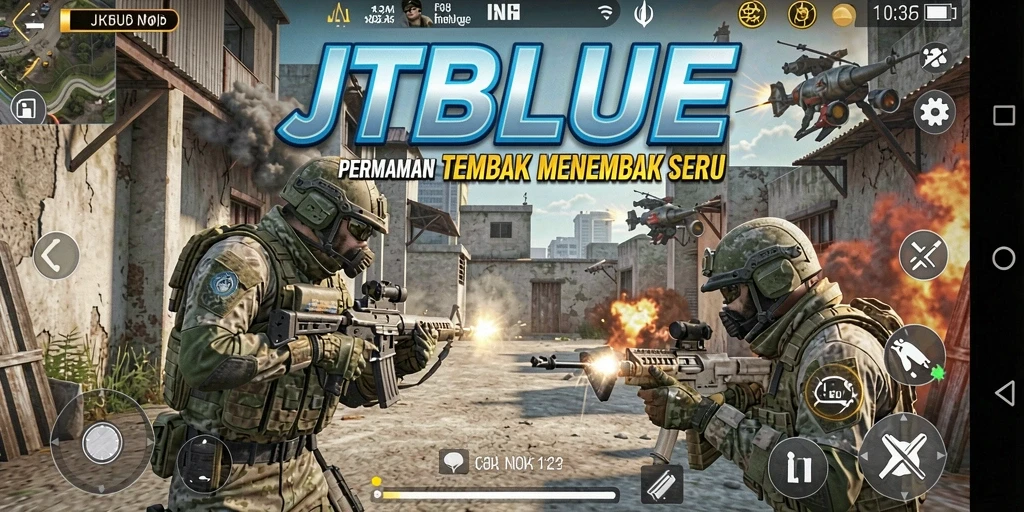 Screenshot gameplay JTBLUE menampilkan aksi tembak-menembak yang intens.