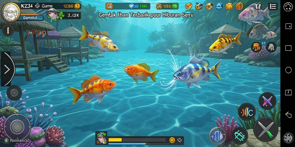 Screenshot gameplay menunjukkan aksi seru menangkap ikan.