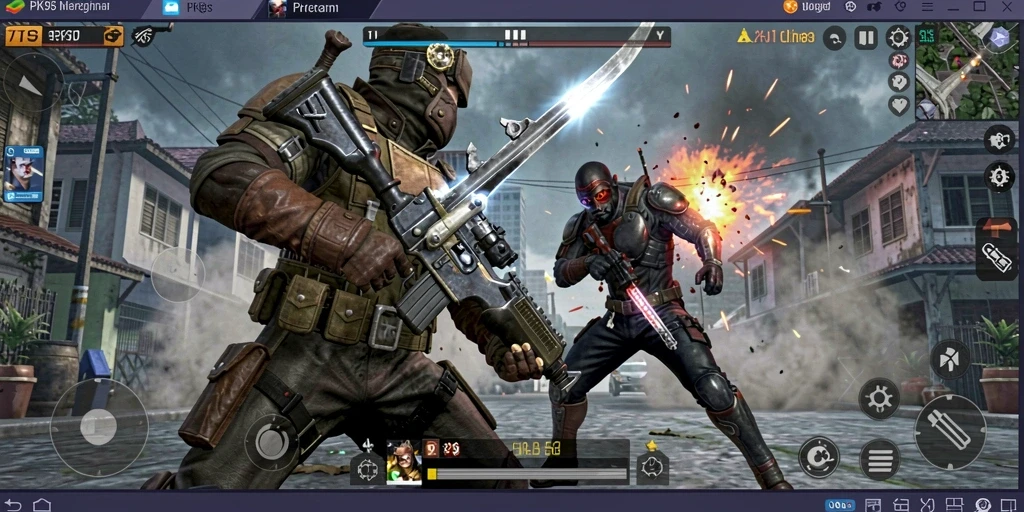 Screenshot gameplay PK95 menampilkan aksi tembak-menembak yang intens.