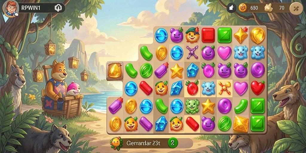 Screenshot RPWIN1 menampilkan gameplay seru Match-3 yang penuh warna.