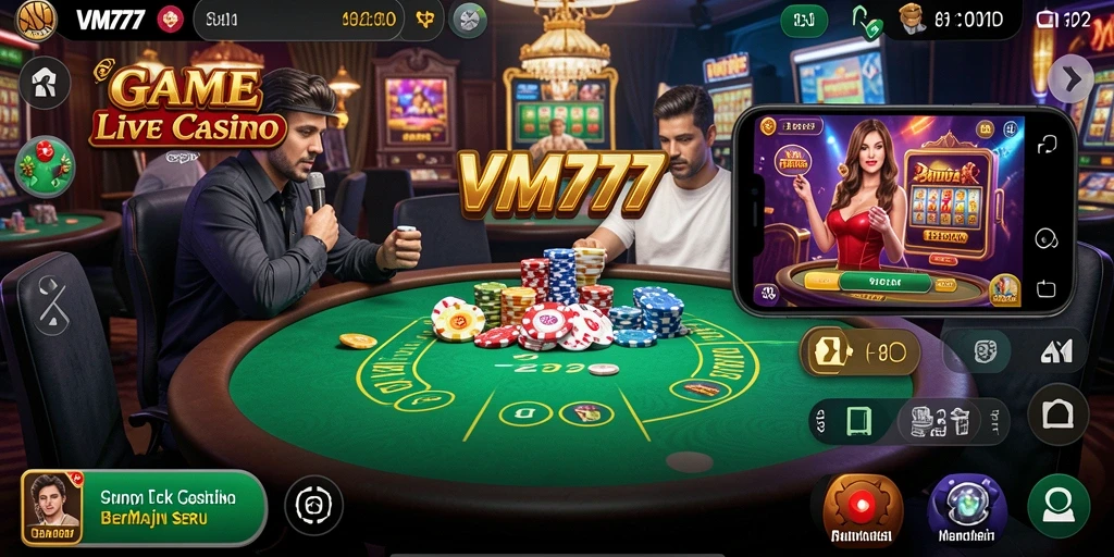 Screenshot VM777 menampilkan dealer langsung dan permainan kasino yang mendebarkan.